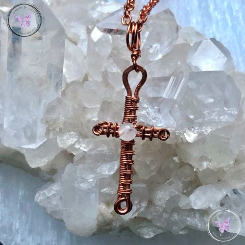 Copper Wire Wrapped Cross Pendant with Moonstone